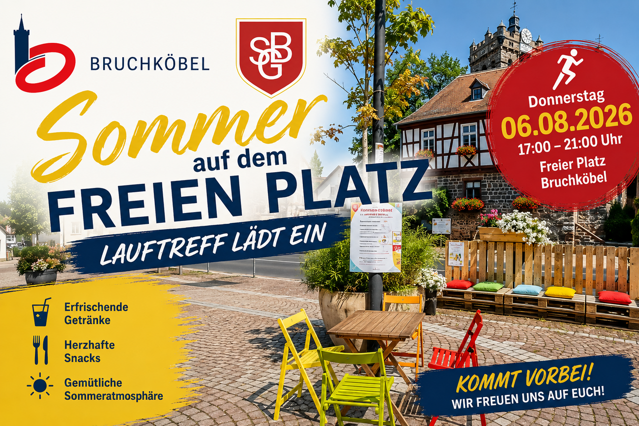 Grafik zur Veranstaltung „Sommer auf dem Freien Platz 2026“ mit dem Lauftreff der SG Bruchköbel auf dem Freien Platz in Bruchköbel.