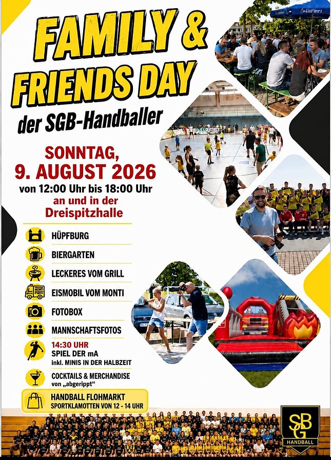 Event-Banner für den Family und Friends Day 2026 der SG Bruchköbel Handballer in der Dreispitzhalle mit Fotos und Programmübersicht.