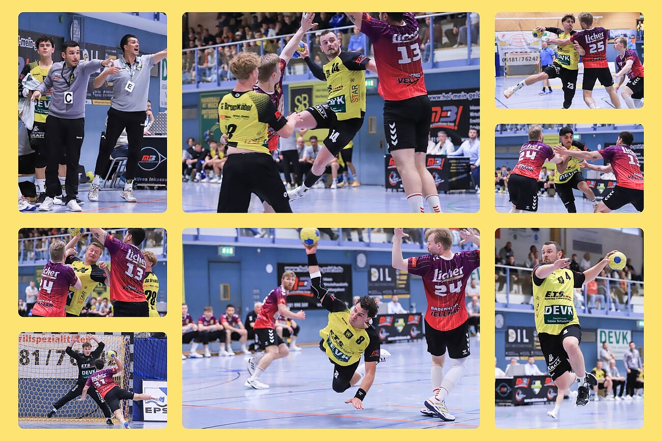 Spieler der SG Bruchköbel in gelb-schwarzen Trikots bei einem intensiven Handballspiel mit Torwürfen, Abwehraktionen und Emotionen auf der Bank.
