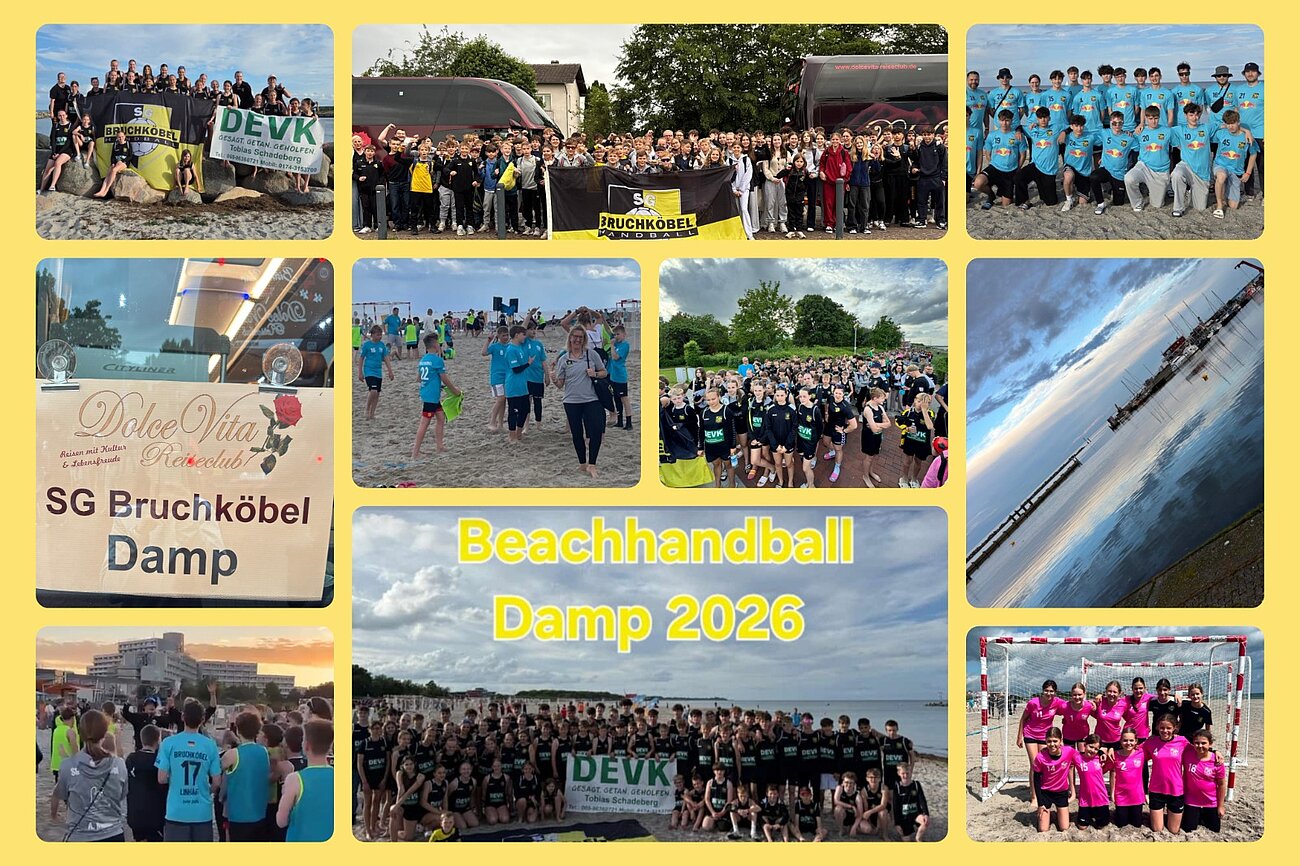 Collage vom Beachhandball-Turnier 2026 in Damp der SG Bruchköbel mit Jugendmannschaften, Strandfotos und Vereinsbus.