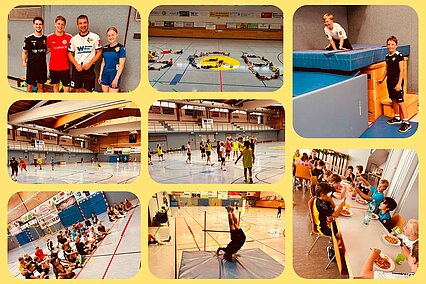 Kinder beim Training und gemeinsamen Mittagessen beim Handball-Sommercamp der SG Bruchköbel
