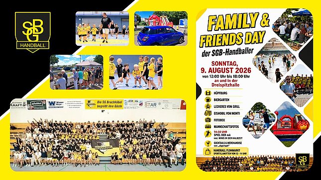 Event-Banner für den Family und Friends Day 2026 der SG Bruchköbel Handballer in der Dreispitzhalle mit Fotos und Programmübersicht.