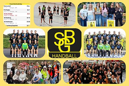 Collage zur Damenmannschaft der SG Bruchköbel Handball mit Teamfotos, Tabelle der Bezirksoberliga und gemeinsamen Jubelmomenten.